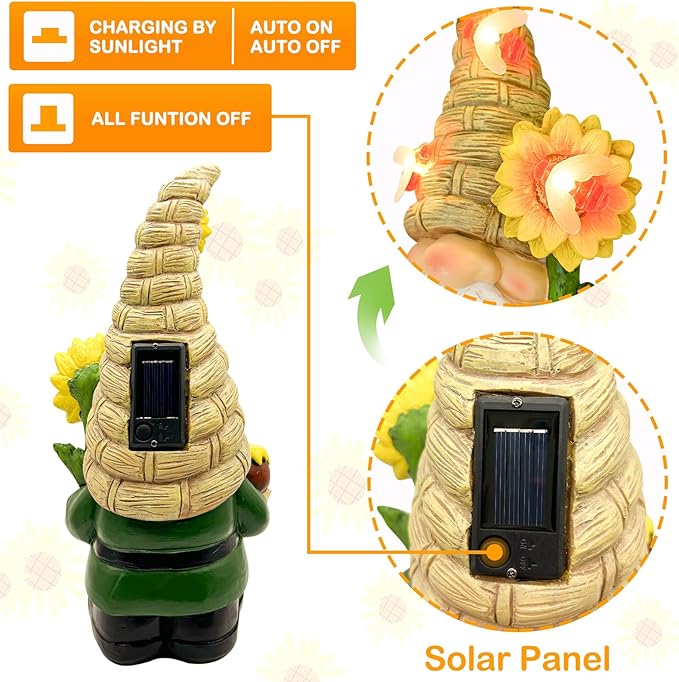 Uniboho Garden Gnome Statue Outdoor Garden Decor Large Resin Sunflower Gnome Holding Honey Jar with Solar Bee Lights for Garden Yard Decorations Patio Lawn Outside Porch Lawn Decor Gnomes Gifts 12"