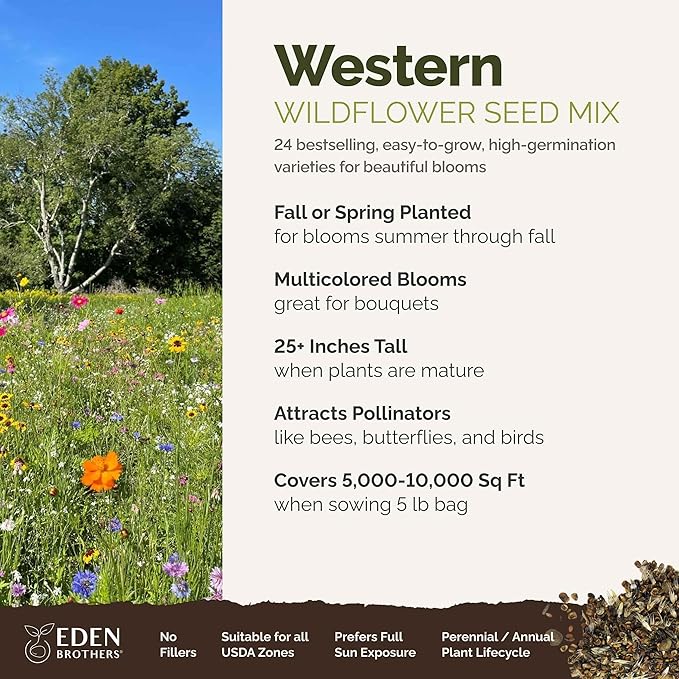 Eden Brothers Western Wildflower Mixed Seeds for Planting, 5 lb, 2,400,000+ Seeds with Cornflower, Blanket Flower | Attracts Pollinators, Plant in Spring or Fall, Zones 3, 4, 5, 6, 7, 8, 9, 10