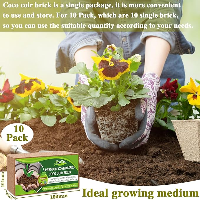 ZeeDix Premium Coco Coir Brick-10 Pack,24Gallons Coconut Coir Potting Soil for Plants,14Lbs Compressed Coco Fiber Starting Soil with Low EC & pH Balance for Gardening Flower Herbs and Vegetables