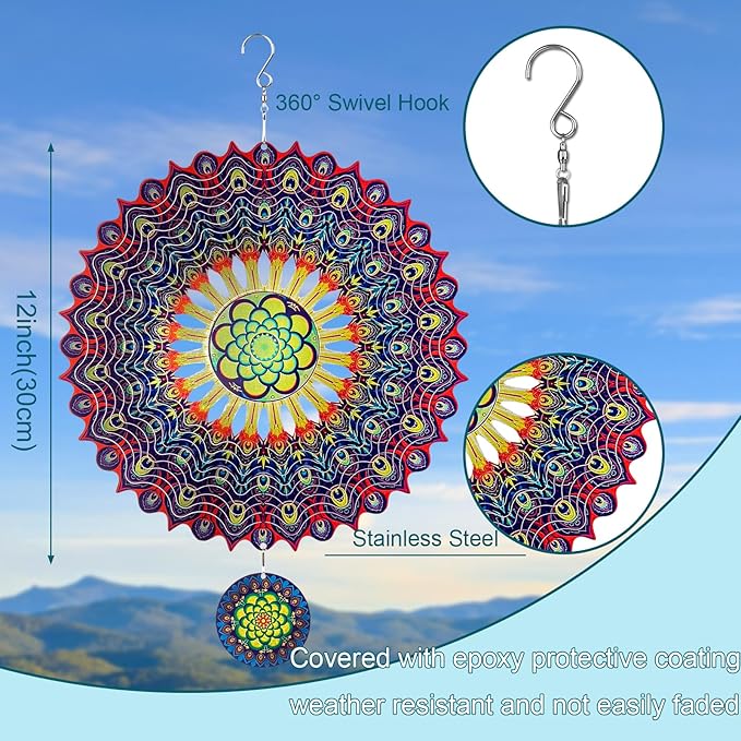 TUOKING Wind Spinners Outdoor Peacock Feathers 3D Metal Hanging Art Wind Sculptures 12 Inch Stainless Steel for Yard and Garden Decoration Worth Gift for Women