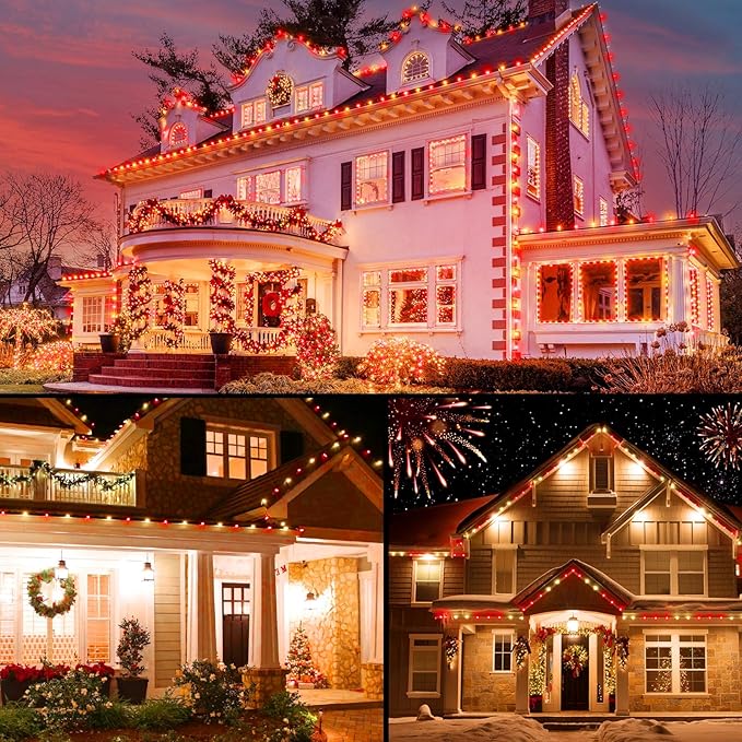 Brightown C9 LED Christmas String Lights, 66ft 100 LED Waterproof Strawberry String Lights, Plug-in Extendable Green Wire Lights String for Outdoor Outside Patio Party Decoration, Red and Warm White