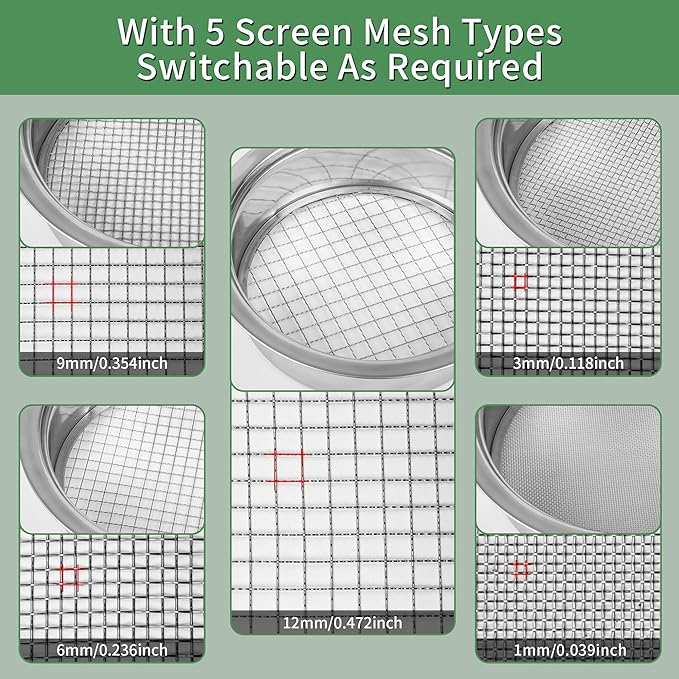 LABALPHA Soil Sifter Garden Sieve Set, Stainless Sifting Pan Soil Sand Sieve with 4pcs Garden Shovels, 9.4" Sifting Pan Contain 5 Sieve Mesh (0.039", 0.118", 0.236",0.354",0.472")