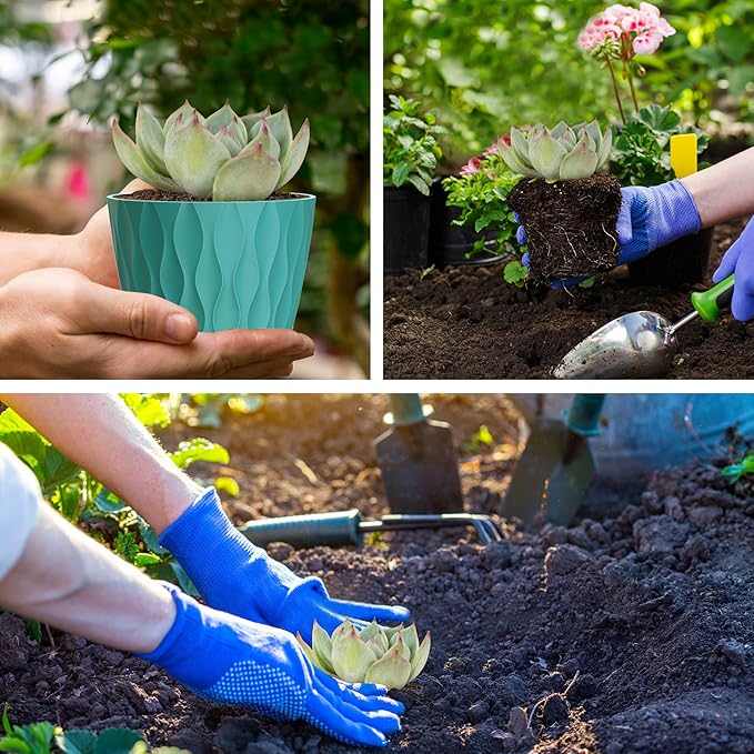 6 Pack 4 Inch Small Plant Pots with Saucers, 3D Textured Plastic Planters with Drainage Holes for Indoor and Outdoor Plants, Flowers, Herbs, Succulents, and Seedlings, Blue