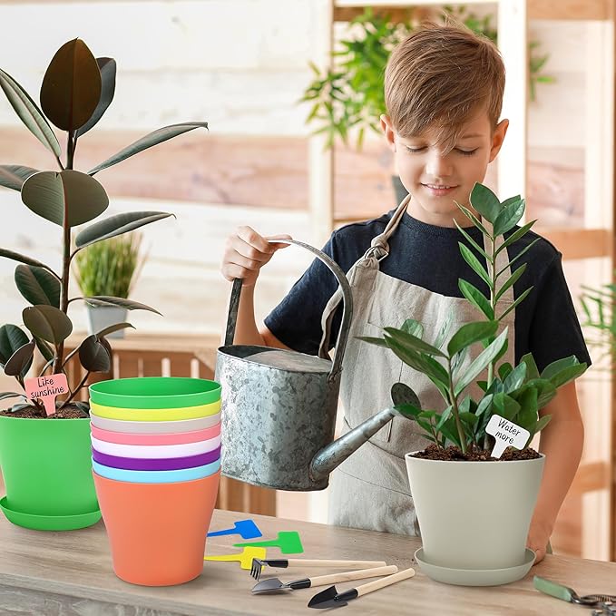 36 Pack 5.5 Inch Plastic Plant Pots with Saucers Colorful Flower Plant Container Seed Starting Pots Thickened Seedlings Nursery Pots for Home Garden Indoor Outdoor Flowers, 9 Colors