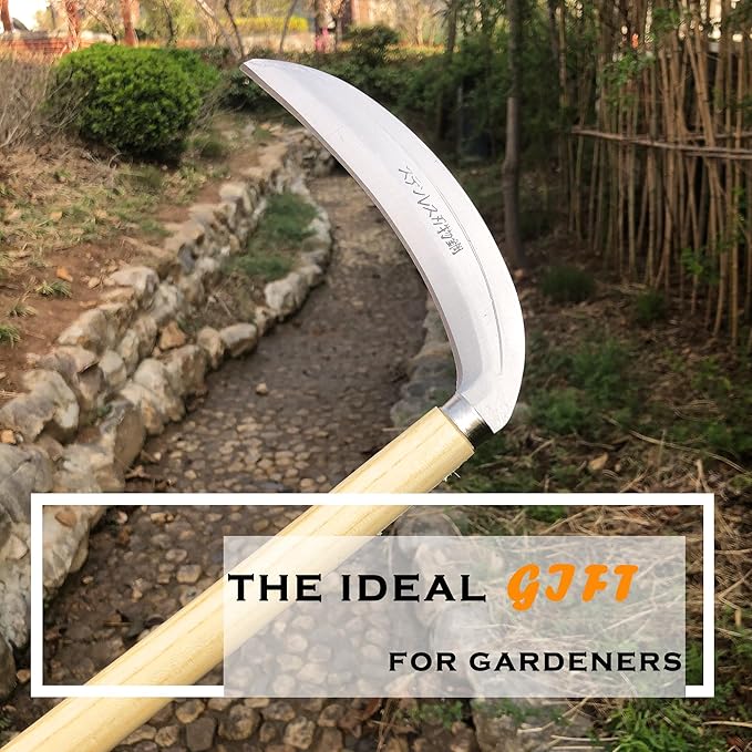 SHANFEEK Grass Sickle Japanese Weeding Hoe Garden Hand Tool Weeding Tools for Garden High-Strength Steel with Solid Wood Handle (Beige)