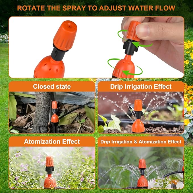 30PCS Drip Irrigation Emitters with Atomizing Nozzle - 2 in 1 Drip Emitters for 1/4 Drip Irrigation Tubing Adjustable 360 Degree Water Flow Drippers Plant Watering Devices for Drip Irrigation System