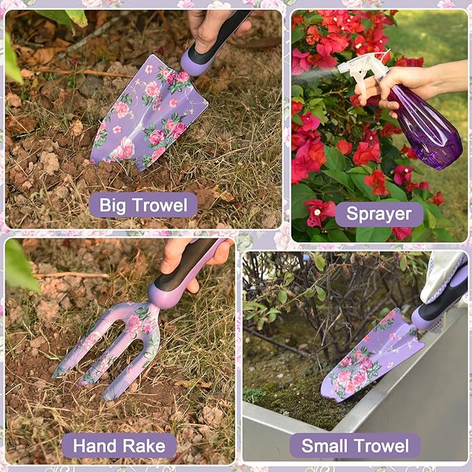Gardening Tools, WisaKey 10 Piece Heavy Duty Purple Garden Tools Set with Non-Slip Ergonomic Handle, Durable Fashion Garden Tool Organizer HandBag, Ideal Gardening Hand Tools Gardening Gifts for Women