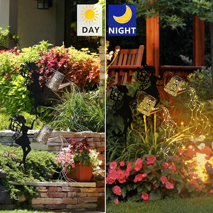 2 Pack Outdoor Decor Solar Watering Can with Cascading Lights - 24 Inch Garden Decor for Outside - Metal Outdoor Path Lights - Garden Solar Lights for Lawn Walkway Yard Decor(36 LED String Lights)