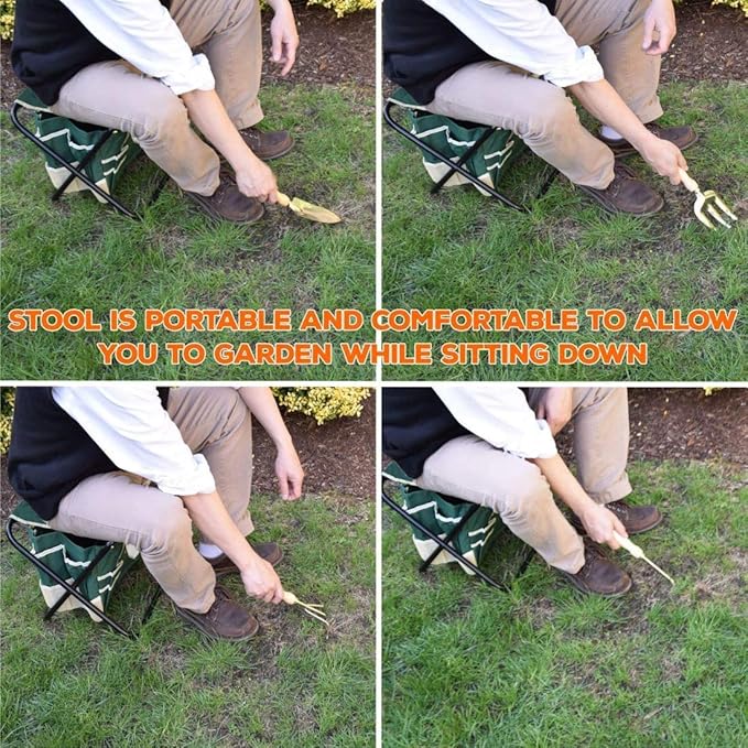 Garden Tools Sets- Heavy Duty Gardening Gift Tool Kit Including Folding Stool with Tool Bag 5 Sturdy Stainless Steel Tools(Gardening Trowel Trans-Planter Weeder & Rake) for Women Men