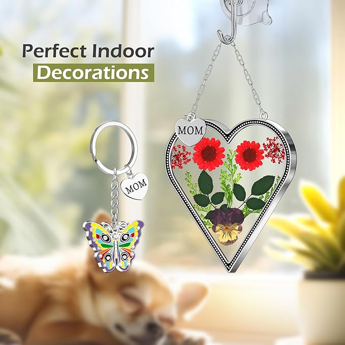 KY&BOSAM Heart Suncatcher Mom Gifts Glass Butterfly Suncatchers for Window Hanging with Pressed Flower Between Heart in Glass and Metal Charm Gifts for Mom Mother's Day Valentine's Birthday Christmas