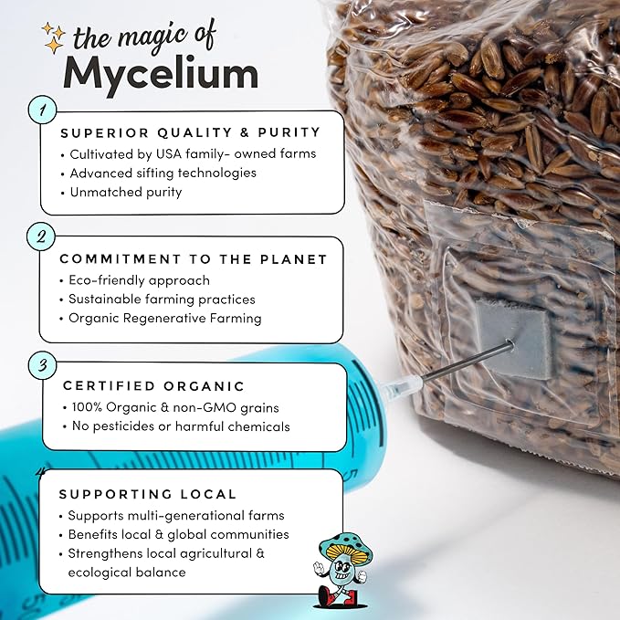 Mycelium's Superior Dung-Loving Mushroom Substrate & Rye Berries Grain 3 LB All-in-One Bag – Organic Coco Coir, Vermiculite & Gypsum Formula, Pre-Sterilized & Ready for Easy Home Cultivation