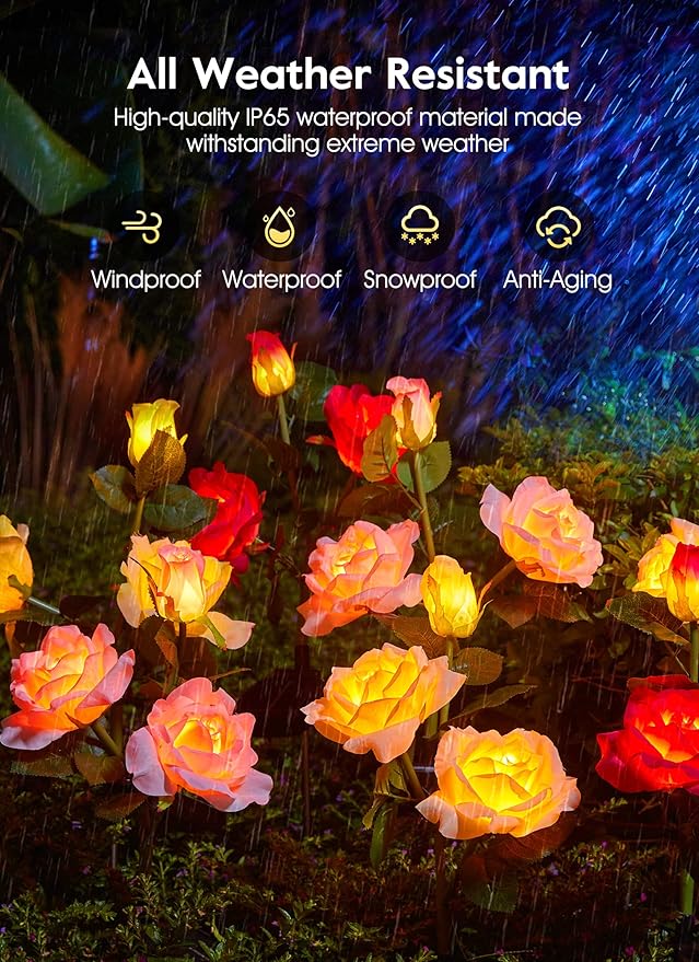 Garden 4 Pack LED Solar Flower Lights with Larger & More Realistic Rose Flowers, Bigger Solar Panel, Waterproof Solar Outdoor Lights for Yard Patio Lawn Pathway Walkway Decoration