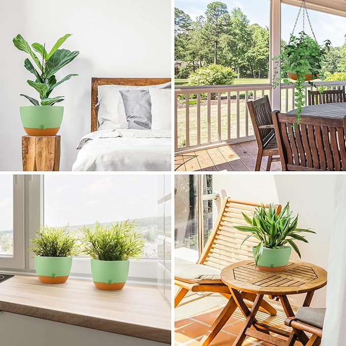 10 Inch Hanging Planter, 2 Pack Hanging Plastic Plant Self Watering Pot with Drainage Holes & Saucers, Hanging Baskets Flower Pots for Indoor Outdoor Garden Plants and Flowers-Green