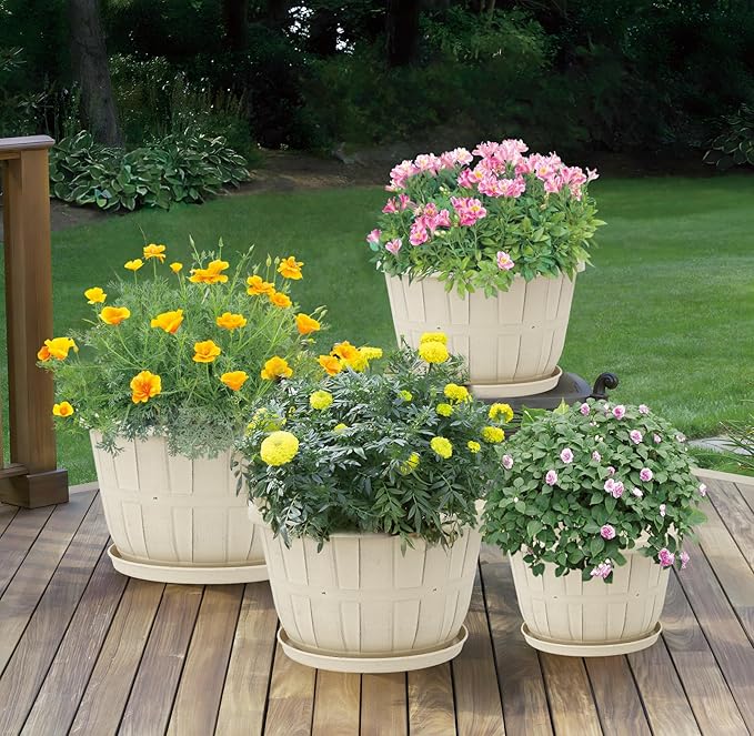 Quarut 12 Inch Large Planter Pot for Plants Indoor Outdoor, 4 Pack Plastic Flower Pots with Drainage Hole & Tray, Modern Decorative Garden Pot with Saucer, Plant Container for House（Beige）