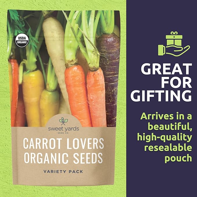 Organic Carrot Seeds Variety Pack - 5 Individual Packs - 2025 Season - Nantes, Little Finger, Dragon, Solar Yellow and More! for Indoor & Outdoor Planting (Non-GMO, Certified Organic)