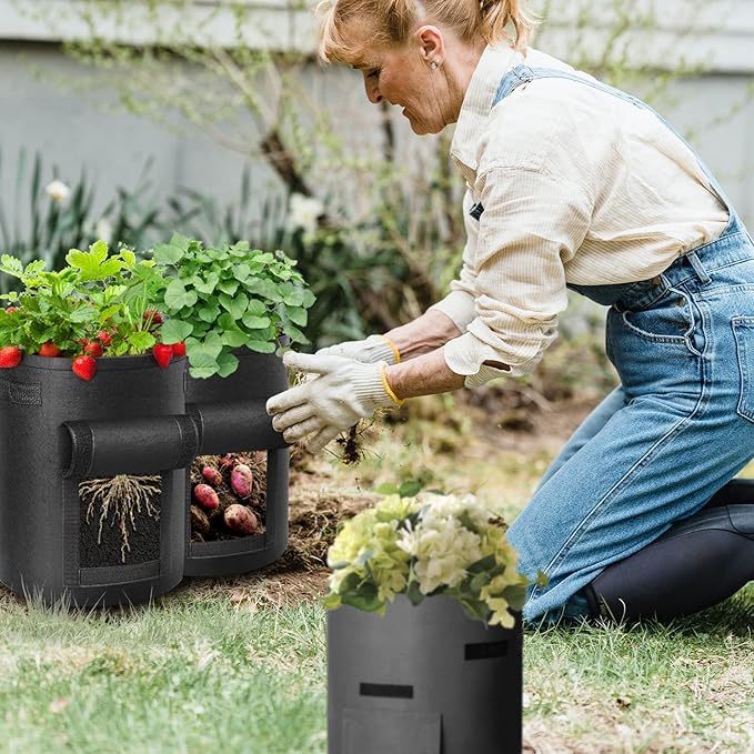 12 Pack 10 Gallon Potato Grow Bags, Heavy Duty Nonwoven Fabric Garden Planting Bag Plant Container with Flap and Handles, Aeration Fabric Pots for Growing Vegetable, Fruits and Flowers