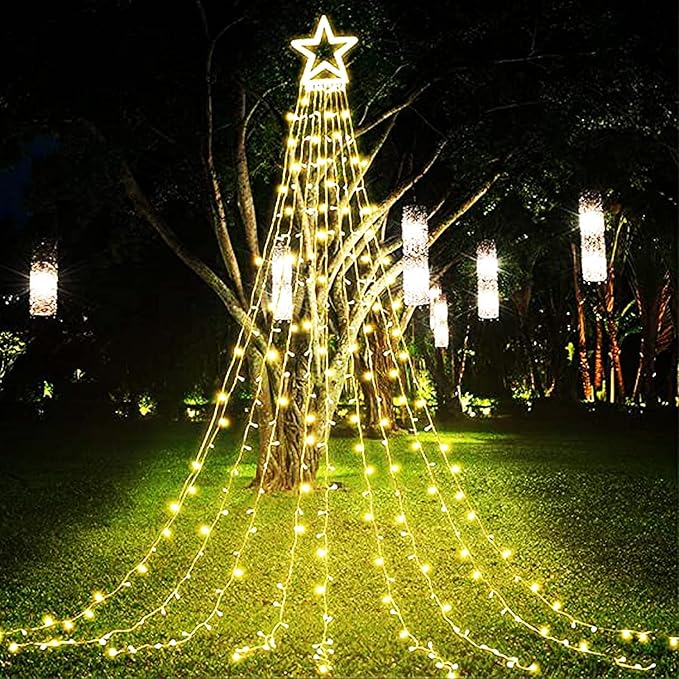 Christmas Decoration Lights, Outdoor Christmas String Lights 320 LED 11.5 Ft Waterfall Tree Lights with Big Star Topper 8 Light Modes for Christmas New Year Holiday Garden Yard Indoor Outdoor Decor