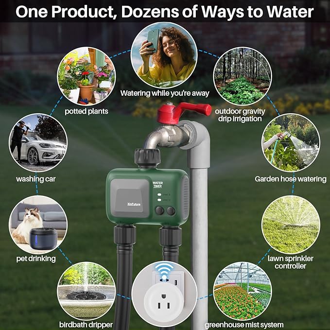 Smart Sprinkler Timer 2 Zone with Gateway, XinFuture WiFi Water Timer with Rain Delay, Manual& Automatic Watering System for Garden Hose Faucet, App& Voice Control, Outdoor Hose Timer for Yards Lawns