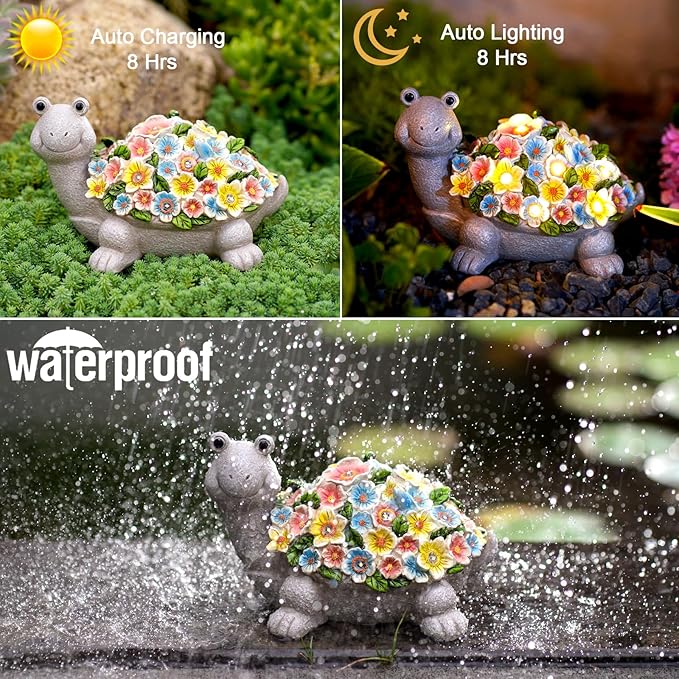 Solar Turtle Garden Decor with Flowers: Outdoor Clearance Statues Lights for Outside Lawn Ornaments Porch Patio Balcony Yard – Birthday Gifts for Mom Grandma Women