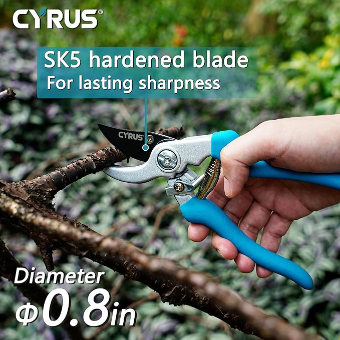 CYRUS Pruning Shears for Gardening 8" Pruners Trimming Scissors Non Stick Coating Blade with High Rebound Spring Effortless Pruning Scissors Widely Used for Gardening, Hydrology, Grow Tents