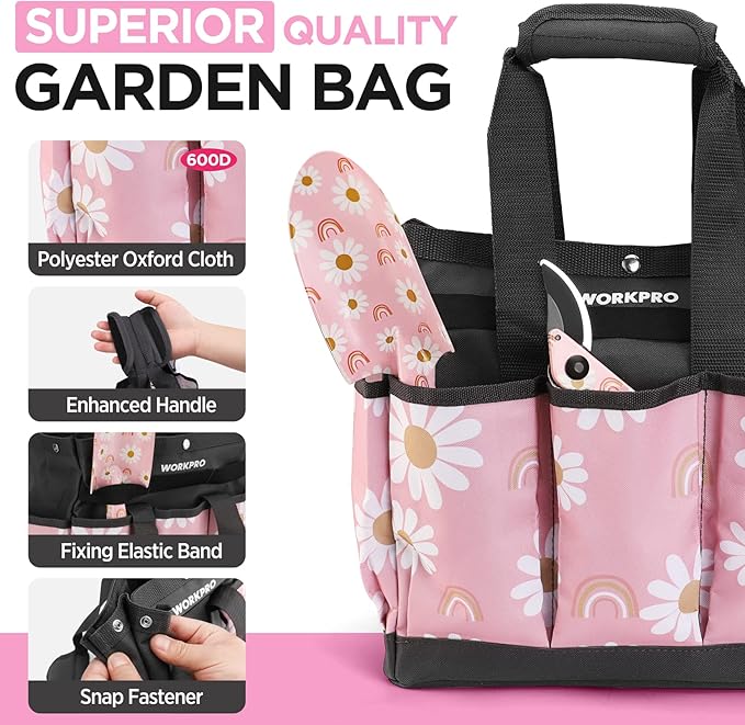 WORKPRO 5PCS Garden Tool Set, Aluminum Heavy Duty Gardening Tool Set with Garden Tool Bag, Outdoor Garden Hand Tools, Pink, Garden Gifts