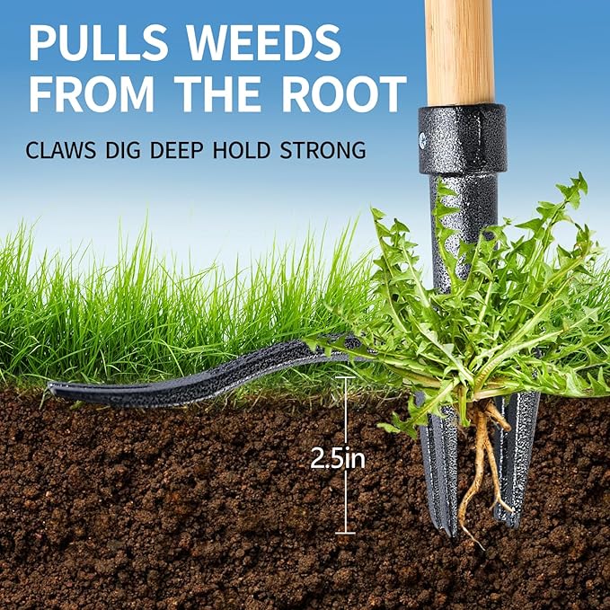 Stand Up Weed Puller with Long Handle ,Weed Puller Tool with 4-Claw Steel Head & 3-Sectioal Pole Design,Garden Hand Weeder Tool -Easily Remove Weeds and Root Without Bending, Pulling,or Kneeling