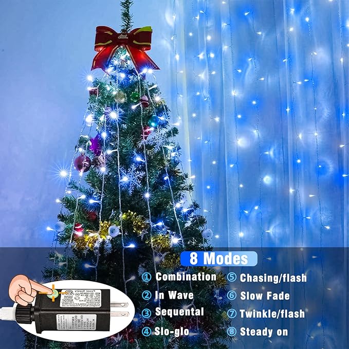 100 LED Christmas Lights Outdoor - 33ft Christmas String Lights 8 Modes Plug in Waterproof Twinkle Fairy Lights with Timer Memory for Indoor Outside Bedroom Home Party Decoration, Blue&White