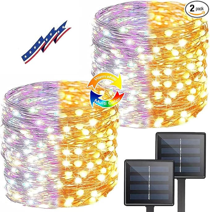 (Warm White ⇋ Multicolor) Solar Christmas String Lights Outdoor, 2-Pack 80FT 200 LED Waterproof Copper Wire, Solar Twinkle Lights with 8 Modes Solar Fairy Light for Tree Garden Wedding Christmas Decor