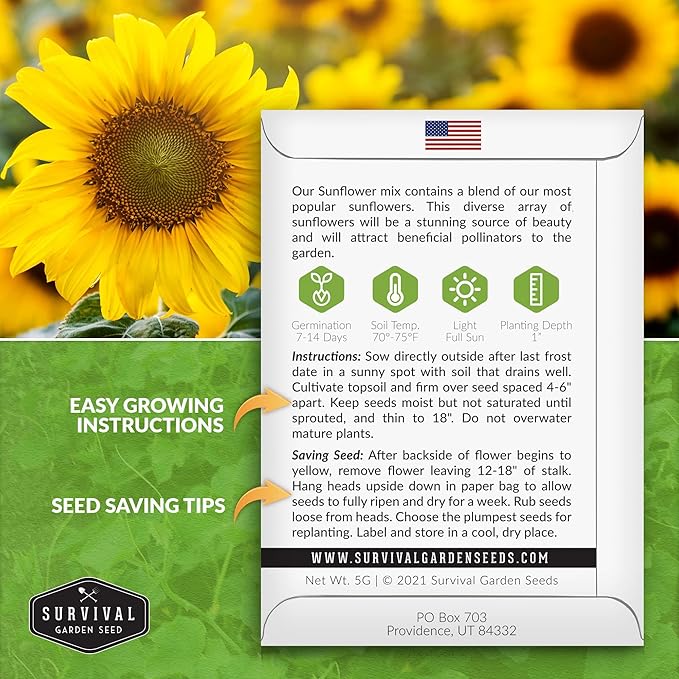 Survival Garden Seeds - Mix of Popular Sunflower Seeds for Planting - 2 Packs with Instructions to Grow Beautiful Flowers in Your Home Vegetable or Flower Garden - Non-GMO Heirloom Varieties