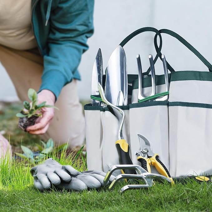 Garden Tools, 9 Piece Heavy Duty Gardening Tools Set with Non-Slip Rubber Grip, Stainless Steel Garden Tool, Gifts for Kids, Women, Husbands, and Parents