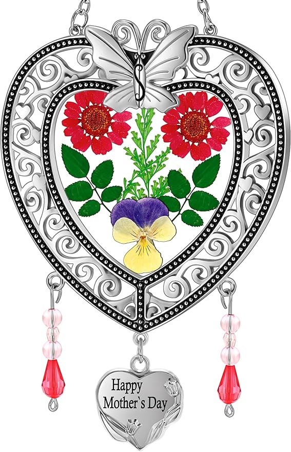 KY&BOSAM Suncatcher Happy Mother’s Day Stained Glass Tree of Life Heart Gifts Garden Ornament Wind Chimes for Windows Pressed Flower Between Heart in Glass Metal Engraved Charm as