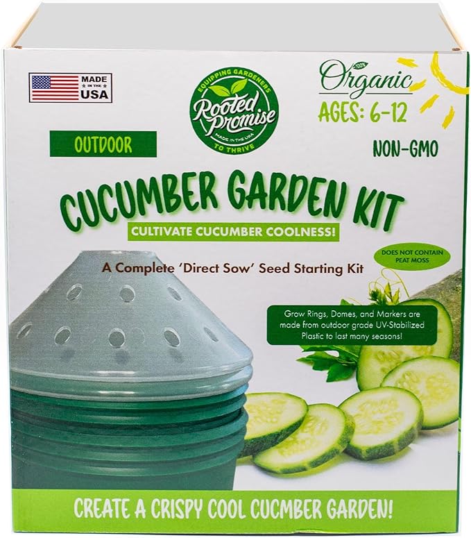 Kids Outdoor Cucumber Garden Kit - Complete Kit for Growing Your Own Cucumbers from Seeds with Grow Rings and Greenhouse Germination Domes, Non-GMO Seeds, BPA-Free