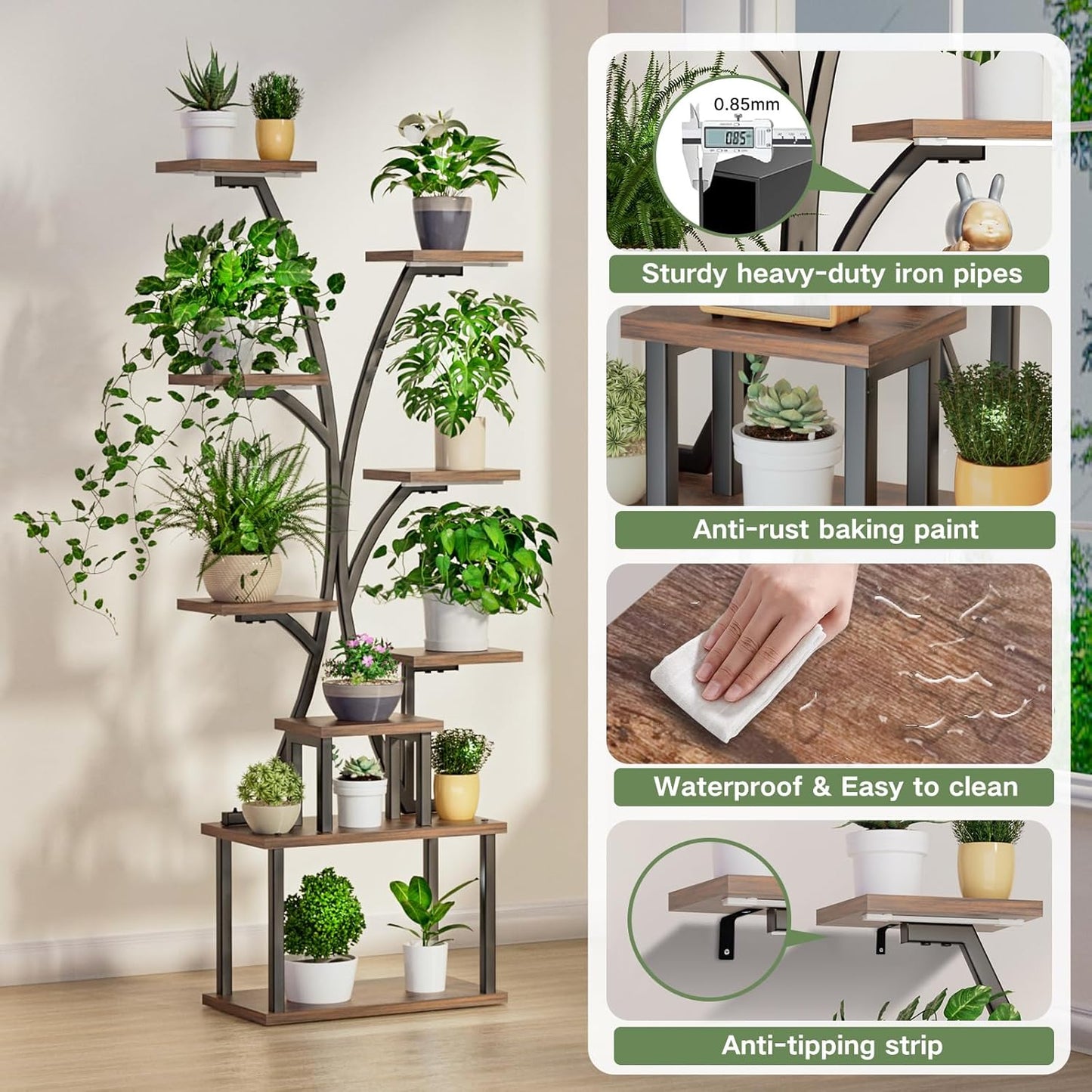 Plant Stand with Grow Light - 9 Tiered Plant Stand Indoor with Storage Drawer for Indoor Plants, 65" Tall Plant Shelf with Grow Light, Curved Corner Plant Shelf Indoor for Living Room, Patio Decor