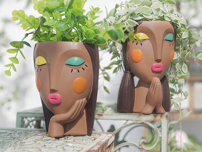 Face Planter Pots for Indoor Plants, Resin Head Planter Succulent Planter Flower Planter Cute Girl Head Pots with Drainage Hole - Painted Thinking Girl Closed Eyes