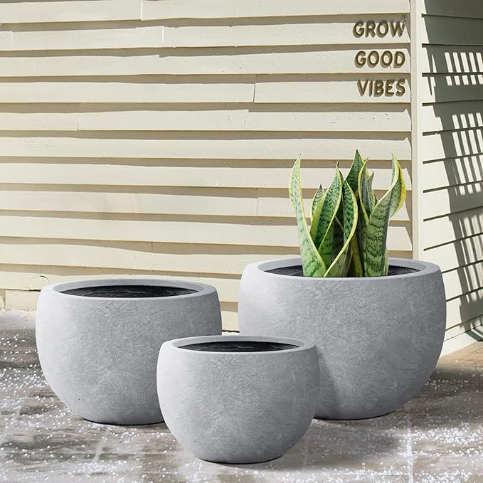 Kante 19.9",15.7",11.8" Dia Round Concrete Planter Set of 3, Outdoor/Indoor Large Bowl Plant Pots with Drainage Hole and Rubber Plug for Garden Patio Balcony Home, Slate Gray