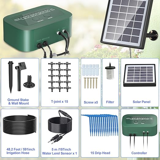 PChero Solar Automatic Drip Irrigation Kit, Solar Powered Auto Watering System with 12 Timer Modes for Indoor Balcony Outdoor Garden Greenhouse, Supported 15 Pots Plants