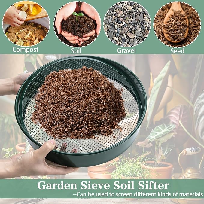 Soil Sifter - Garden Soil Sifter, Stainless Steel Riddle Sieve Set Garden Potting Sieve, with 5 Interchangeable Filter Mesh Sizes 3,6,9,12mm and Shovel, for Rocks, Dirt, Compost and Potting Soil