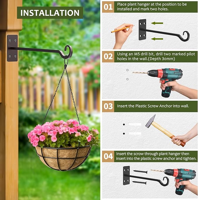 Heavy Duty Plant Hangers Outdoor- Hand-Forged Hanging Plant Brackets - 2 Pack 12 Inch Black Wrought Iron Wall Plant Hooks for Hanging Plants, Lanterns, Bird Feeders