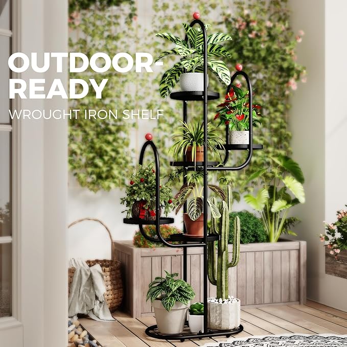 Bamworld Cactus Plant Stand Indoor for Succulents Christmas Decor Corner Metal Flower Pot Stands 5 Tier Plant Shelf for Patio Garden Balcony Living Room Decor Black Designer Edition