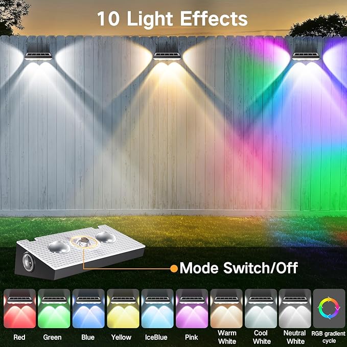 OUTON Solar Fence Lights Outdoor, 3-Side RGBCW Fence Light Solar Powered, 10 Modes Dusk to Dawn Auto ON/Off Deck Lights, IP65 Waterproof Outside Light for Garden Step Patio Backyard Wall, 6-Pack