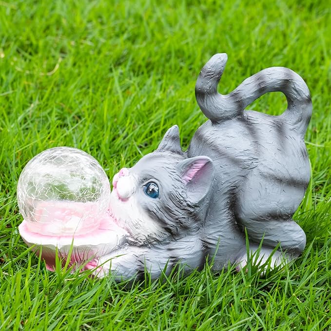 HUYIENO Solar Garden Statue Outdoor Cat Decor Figurine Lights Waterproof Garden Decor with Solar Crackled Ball Lights Housewarming Gifts for Yard,Patio,Lawn