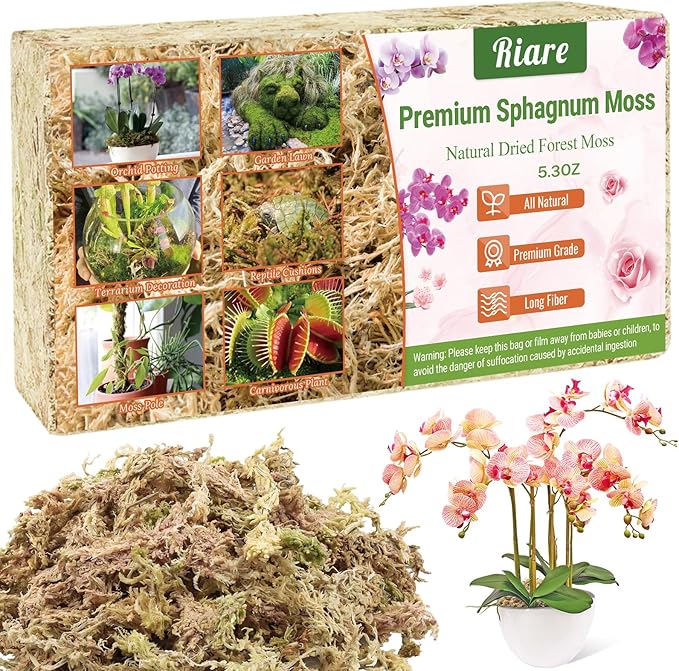 Riare 5.3 OZ Premium Sphagnum Moss for Plants- 6QT Natural Long Fiber Sphagnum Peat Moss Dried, Plants Moss Orchid Potting Mix for Orchids Repotting, Carnivorous Succulent Potted Plants and Reptiles
