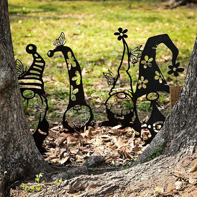 RealSteel Metal Garden Gnomes Outdoor – Steel 4 Pack Lawn Ornaments & Statues, Funny Yard Decor, Weatherproof Garden Decoration, Gift for Gardeners (Black)