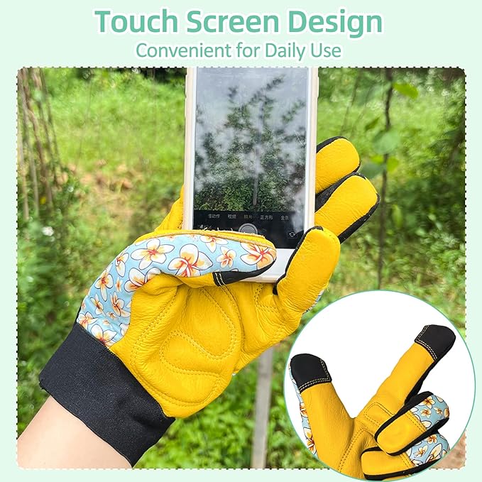 Cowhide Leather Thorn Proof & Puncture Resistant Gardening Gloves for Women and Men, Touchscreen Compatible Working Gloves for Weeding, Digging, Planting, Gardening Gifts for Women (Size Medium)