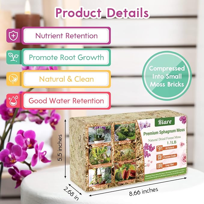 Riare 1.1 LBS Premium Sphagnum Moss- Natural Long Fibered Sphagnum Peat Moss Plants Moss Dried, Carnivorous Plants Moss Orchid Potting Mix for Orchids, Succulent, Reptiles (20QT)