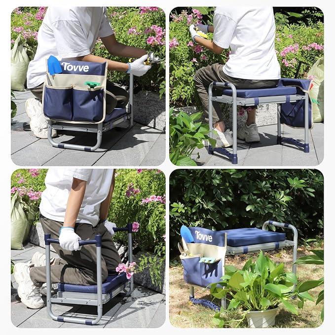Foldable Garden Kneeler and Seat, Heavy Duty Garden Stool with 10" Wide Detachable Kneeling Pad, Portable Garden Bench Chair with Large Garden Tool Bag, Gardening Gifts for Women, Seniors