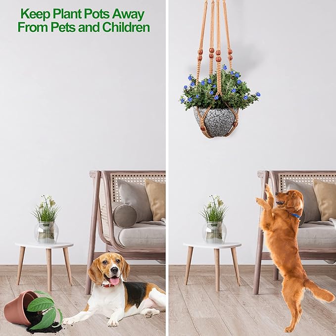 Macrame Plant Hanger for 5 to 10 Inch Plant Pots, Set of 2 Indoor Handmade 35 Inch Woven Rope Hanger Kits with Hooks and Wood Beads, Hanging Planter Basket Holder for Boho Home Decor (Brown, 2 Pack)