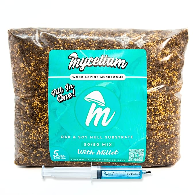 Mycelium’s King Oyster Gourmet Mushroom Kit | 5LBS Oak & Soy Hull with Millet Blend | 20ML Liquid Culture Syringe | All-in-One Complete Cultivation Kit | Pre-Sterilized - Home Growing Made Easy