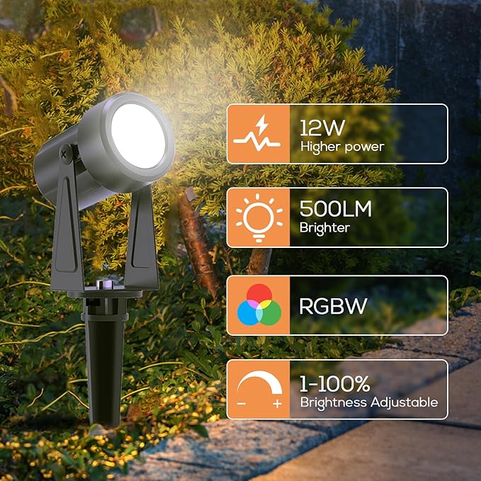 SUNTHIN Outdoor Landscape Lighting with Remote, RGBW Color Changing Spot Uplights, IP65 Waterproof & Connectable, 4 Pack