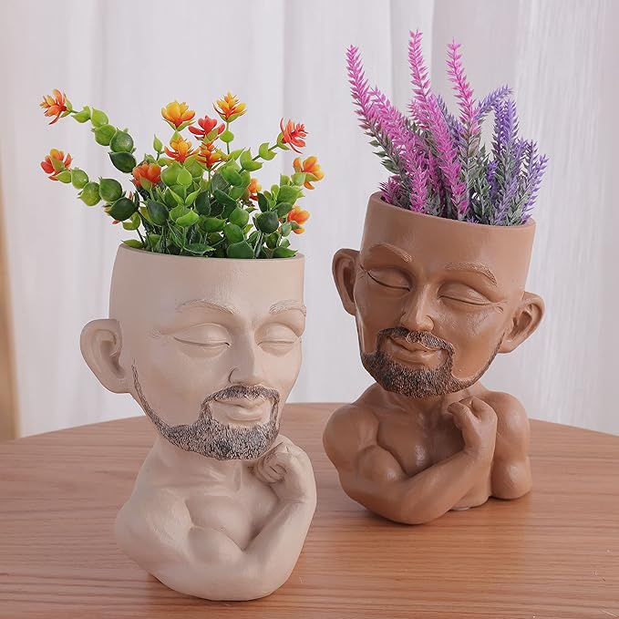 Beefcake Face Planter Pots Head Planter Man Face Planters Pot Head Face Flower Pot Head Planter with Drainage Hole Mscular Man(Brown)